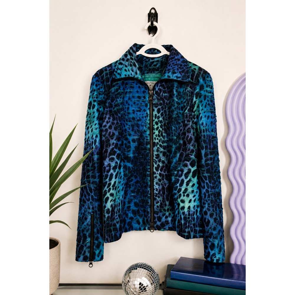Y2K Animal Printโ Textured Zip Jacket Art To Wear Cruise Resort Wear L USA